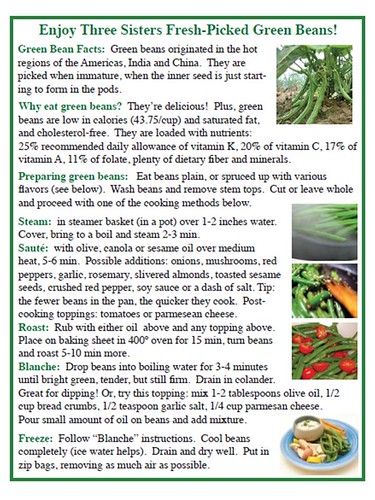 One of the crop-specific information cards developed by Three Sisters Garden volunteers, which was distributed with produce to low-income families.  The cards provided background information about the crop, key nutritional benefits, and simple ideas for preparation.