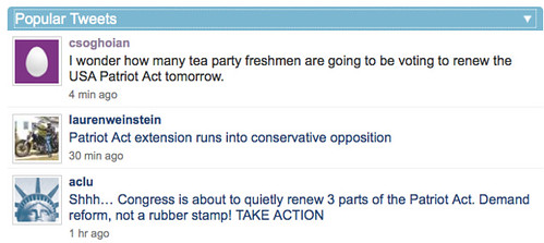 I wonder how many tea party freshmen are going to be voting to renew the USA Patriot Act tomorrow.