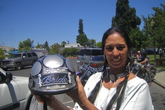 Devona, displaying helmet.