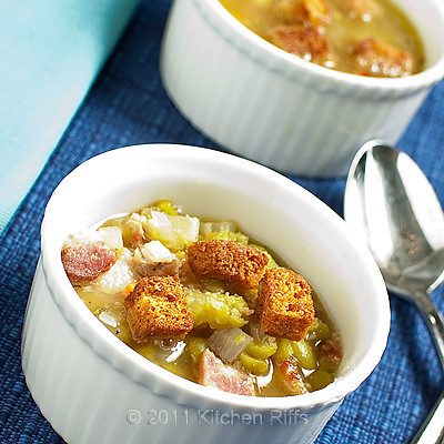 split pea soup with crouton garnish in a ramekin