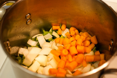 celery, onions & carrots: into the pot