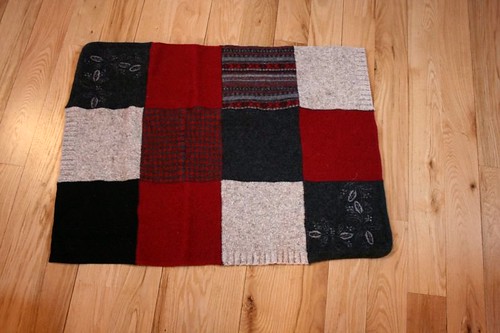 Red, black, gray wool rug