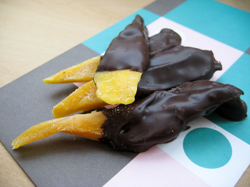 Chocolate-covered mango strips