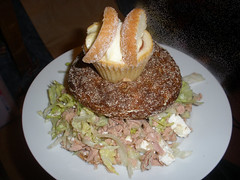 Tuna and feta salad, Finnish rye bread, and a butterfly cake (I started with the dessert as I hate sweet aftertaste..)