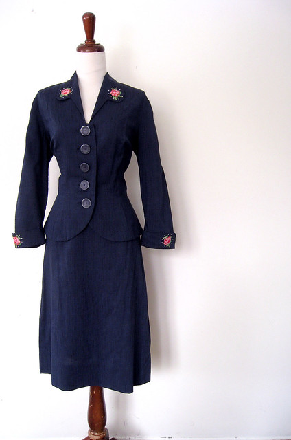 Roses & Rhinestones Navy Blue Fitted Skirt Suit, Vintage 40's