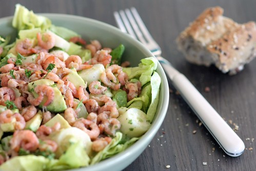 grey shrimp salad with palm hearts and avocado