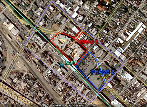 the site for Phase Two in relation to Phase One & the BART station (via Google Earth)