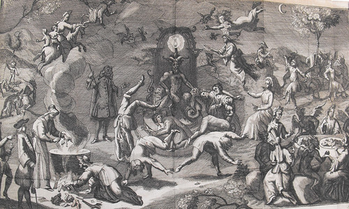 Folded-out engraving showing witches’ sabbat
