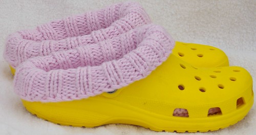 Clog liners adult size 8 pink lliner, yellow clog  side view