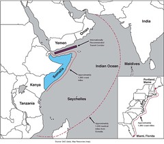 Figure 1: Somalia and a Comparison to the Eastern Coast of the United States by U.S. GAO