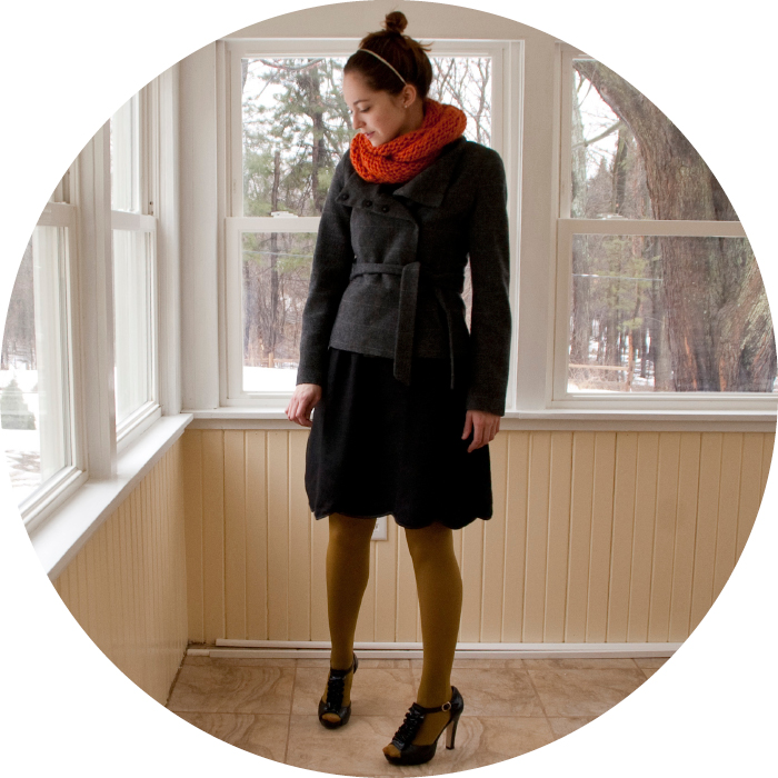 eshakti dress wool black lbd scallops ruffles t-strap orange cowl knit green bun dotty style blog modest felted