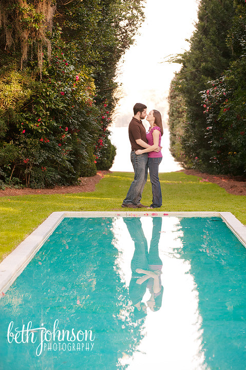 engagement photo in front of reflection pond maclay gardens