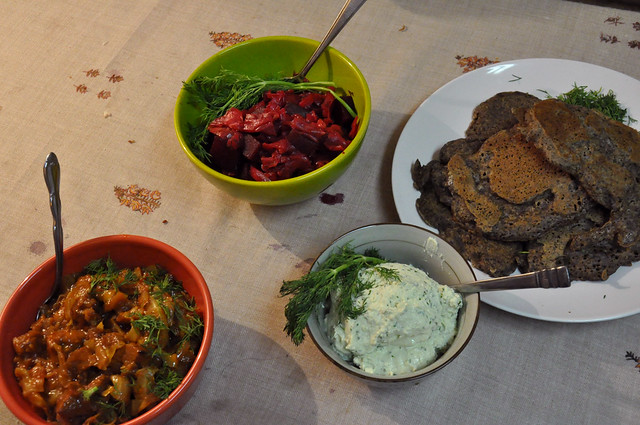 qorma, borscht, and buckwheat pancakes