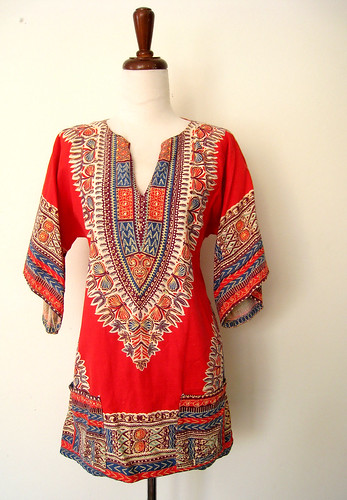 Bright Red Batik BohoTunic Dress, vintage 70's