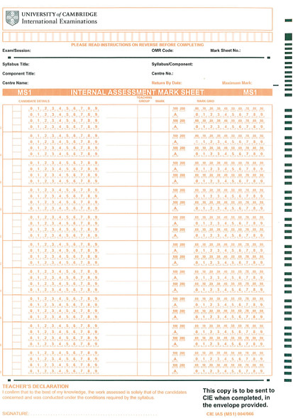 Internal assessment mark sheet (MS1)