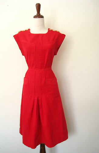 Toggle Button Scarlet Corduroy Dress, vintage 70's