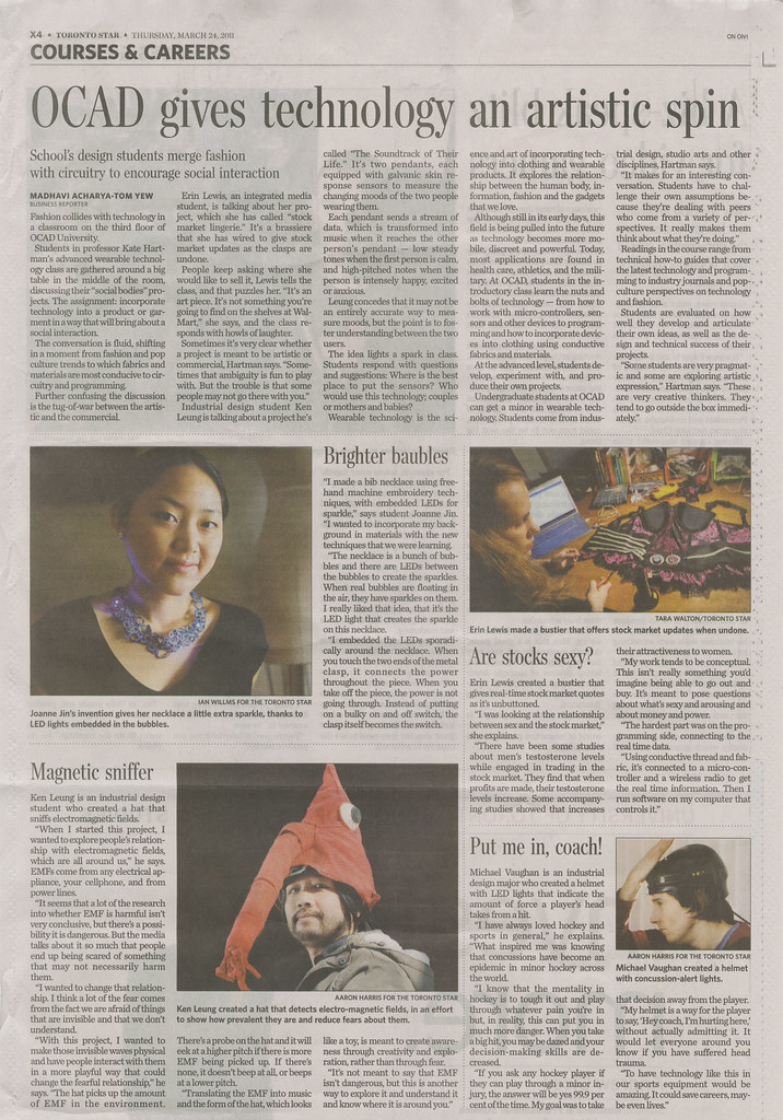 OCAD Wearable Tech featured in Toronto Star (readable)