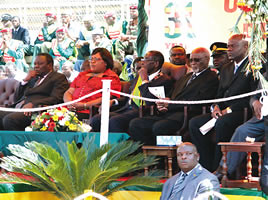 Dignitaries on the diaz at the 31st anniversary of Zimbabwe independence ceremony. On the podium is President Robert Mugabe, Vice-President Joice Mujuru and others. by Pan-African News Wire File Photos