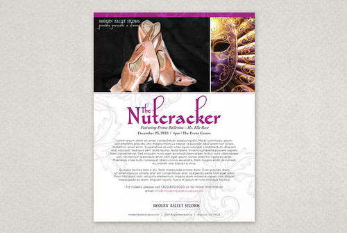 Elegant Ballet Flyer Template, ballet, ballerina, dance, dancing, dancer, performance, physical activity, healthy lifestyle, studio, jump, motion, movement, leotard, rehearsal, practice, classes, instructors, schedule, company, stage, large type, contemporary, fitness, health, black, rose, gray, grey, pink, flyer, post card, mail, mailing, nutcracker, holiday, christmas, beautiful, elegant, whimisical, purple 