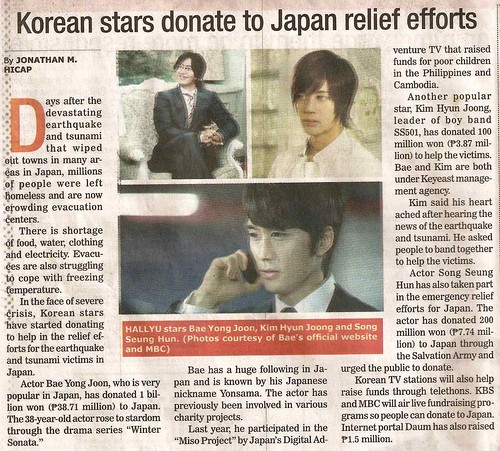 Kim Hyun Joong, Bae Yong Joon and Song Seung Heon’s Donation on Manila Bulletin