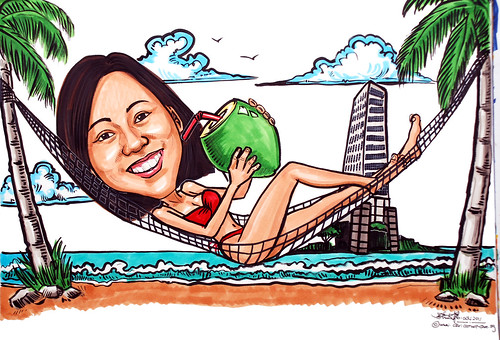 lady caricature in bikini on hammock for SGX