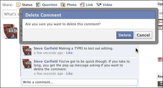 Facebook Comment Editing: Delete Comment Pop-Up