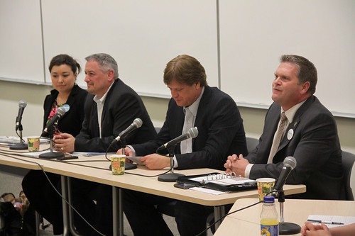 Alberta Party leadership candidates Tammy Maloney, Lee Easton, Randy Royer, and Glenn Taylor at MacEwan University.