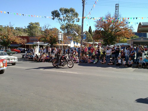 Ned Kelly on a Harley Davidson at the Maldon Easter Parade