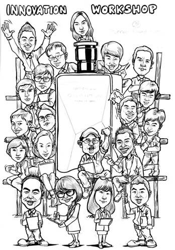 Group caricatures for Pernod Ricard Korea - pen & brush