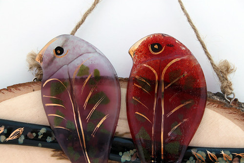 fused glass hanging wall art - red love birds on a branch. by virtuly art in glass