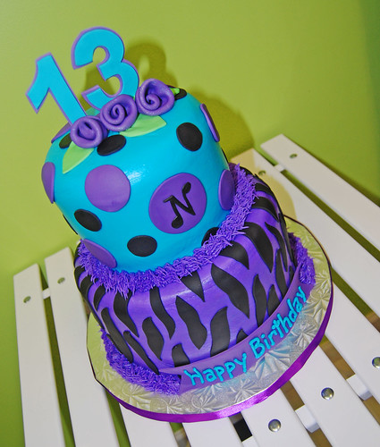 purple, turquoise and black zebra print 13th birthday cake for a girl