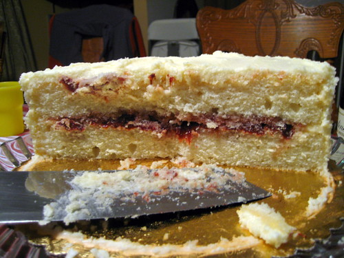 white velvet cake with homemade strawberry conserves and crispy white frosting