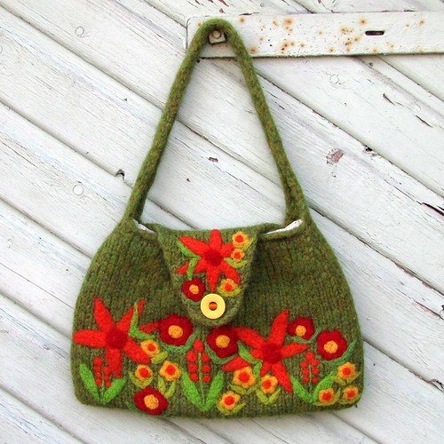 Felted mossy green bag with needle felted flowers