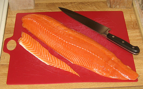Salmon filet, trimmed in preparation for making gravlax