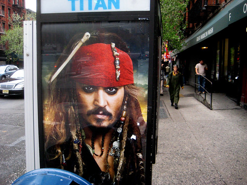johnny depp pirates of the caribbean poster. Johnny Depp Phone Booth Poster for Pirates of the Caribbean 4 skulls bus AD standee posters starring on 9th Avenue near 47th Street 2011 film movie profile