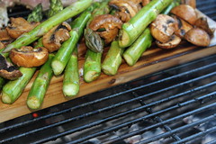 Grilled Cedar Planked Asparagus and Mushrooms