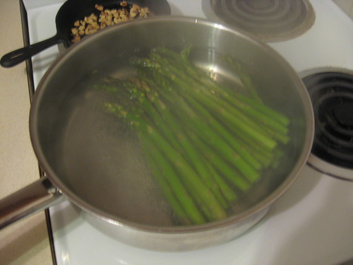 toasting walnuts, simmering asparagus