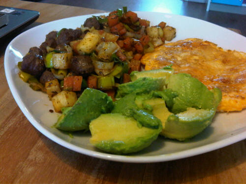 Sausage, omelet and avocado breakfast