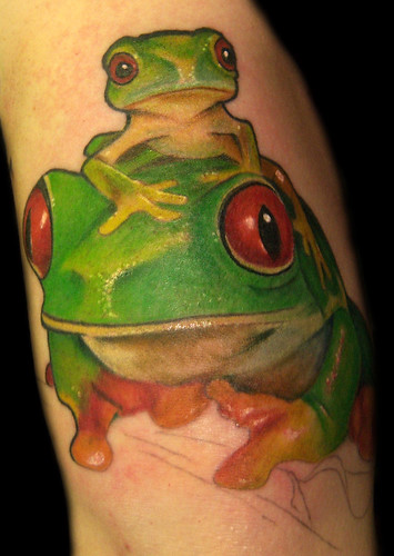 tree frog tattoo flash. Tree Frogs, in progress. Custom Tattooing by Ainslie Heilich of Vintage Karma tattoo studio in Stroudsburg, PA. More info at artofvintagekarma.com