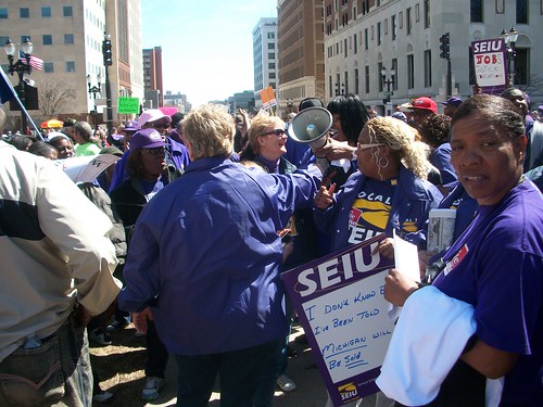 Members of the Service Employees International Union (SEIU) outside the Michigan State Capitol in Lansing demonstrating against the austerity measures imposed by the Governor and legislature. (Photo: Abayomi Azikiwe) by Pan-African News Wire File Photos