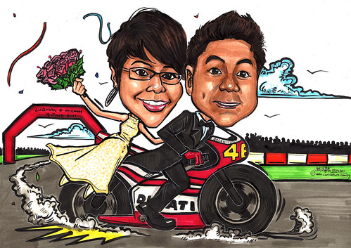 Wedding couple caricatures on Ducati
