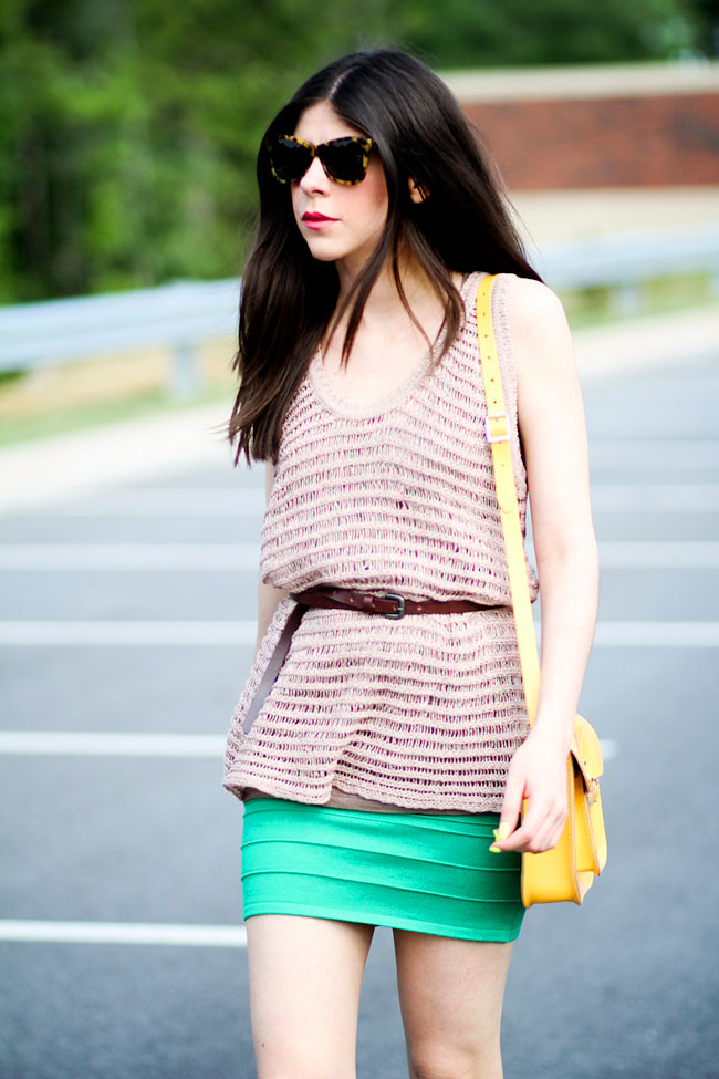 outfit, body con skirt, karen walker sunglasses, Moschino, Kain label, Fashion, Yellow Leather Satchel