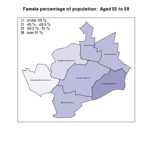 Female percentage of population:  Aged 55 to 59