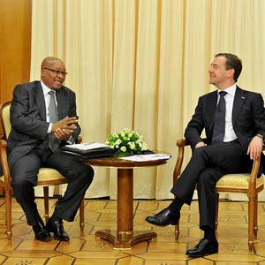 South African President Jacob Zuma and Russian President Dmitry Medvedev held talks on the Libya war in Moscow on July 4, 2011. Zuma said that Russia has accepted the African Union roadmap to end the war inside the North African state. by Pan-African News Wire File Photos