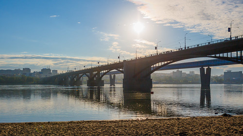 morning. road bridge across the Ob river ©  Dmitry Karyshev