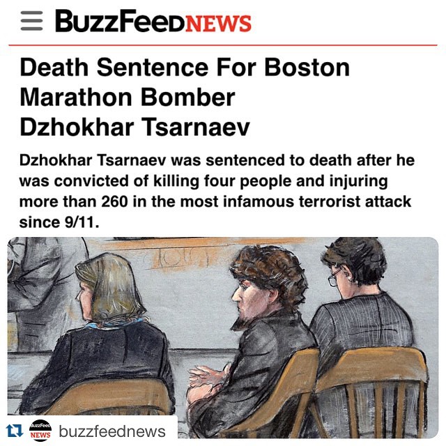 #Repost @buzzfeednews with @repostapp. ・・・ #BREAKING: Boston Marathon bomber Dzhokhar #Tsarnaev has been sentenced to death.  The jury’s decision comes more than two years after Tsarnaev and his older brother, Tamerlan, set off two pressure cooker bombs n