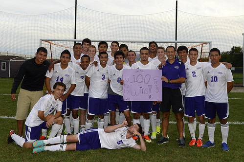 Coach Cris Trillo and the JJC men's soccer team won their 100th game on Sept. 20, 2013, against Harper College, with a score of 3-0.