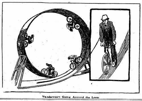 Vandervoort does a loop on a bike, 1902 article ©  Michael Neubert