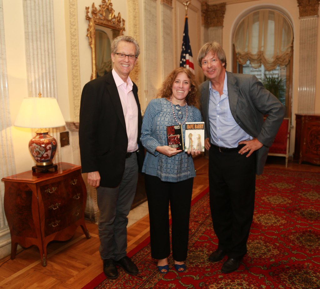 : Dave Barry and Ridley Pearson with Deputy Consul General Courtney Nemroff