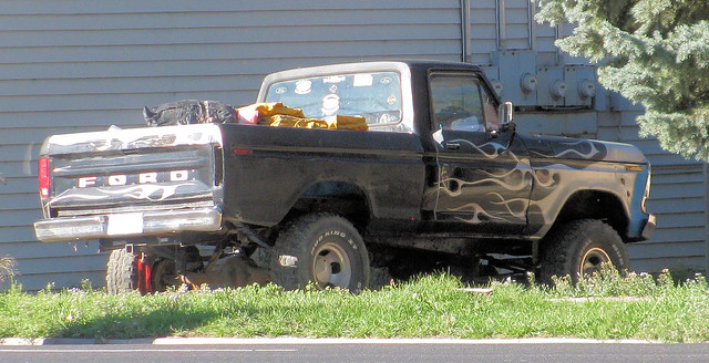old black classic ford trash truck vintage silver garbage junk sticker rust 4x4 flames decoration rusty pickup pickuptruck f150 dent flame rusted oxidation bumpersticker decal 1970s load oddball bu dents jalopy loaded beatup junker beater madeinusa americanmade rustyandcrusty fourwheeldrive dented oxidized fomoco worktruck fseries shortbed flamepaint oddpanel eyellgeteven